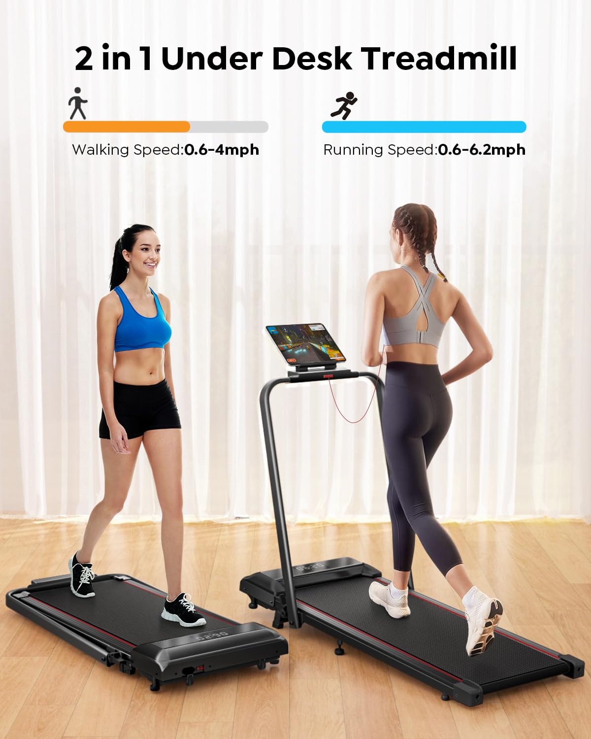 Acezoe Walking Pad Treadmill with Incline, 2 in 1 Folding Treadmills for Home Small Office, 300lbs Portable Compact Under Desk Treadmill with LED Display and Apps