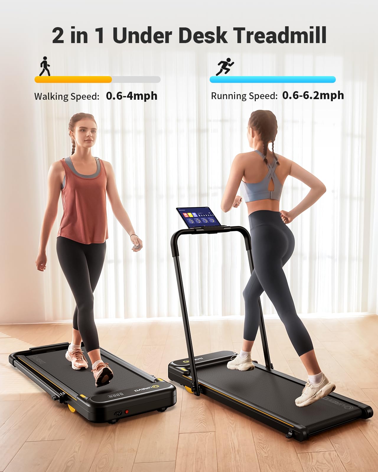 UREVO Walking Pad, Under Desk Treadmill for Home/Office, 2 in 1 Folding Treadmill with Remote Control, APP and LED Display