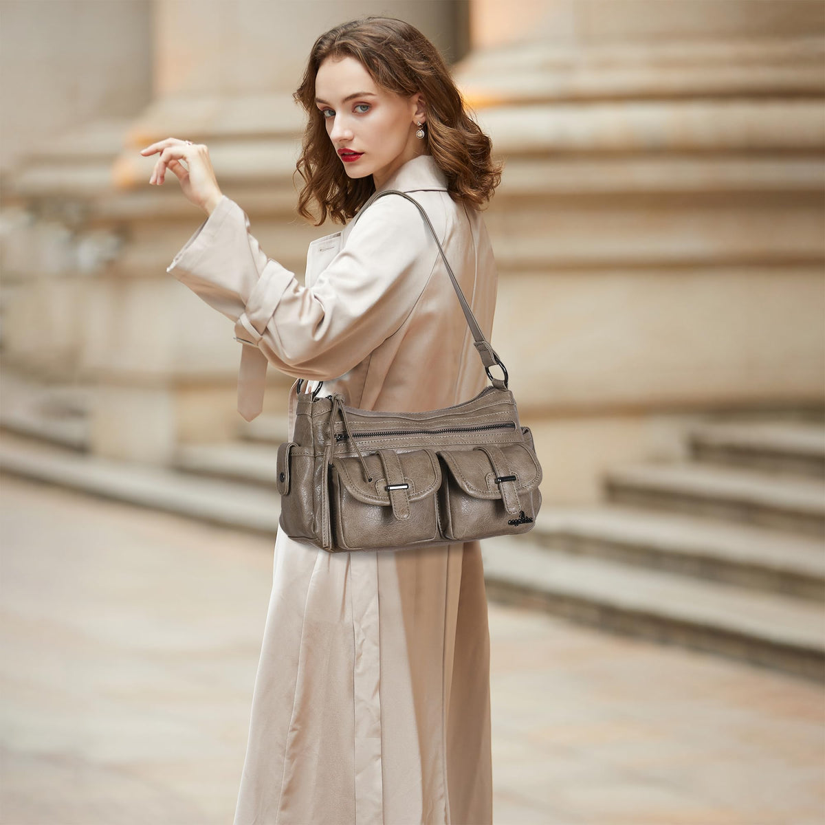 Angel Kiss Hobo Purses for Women Crossbody Shoulder Bag Ladies Multi Pocket Handbags with Adjustable Shoulder Strap,Khaki