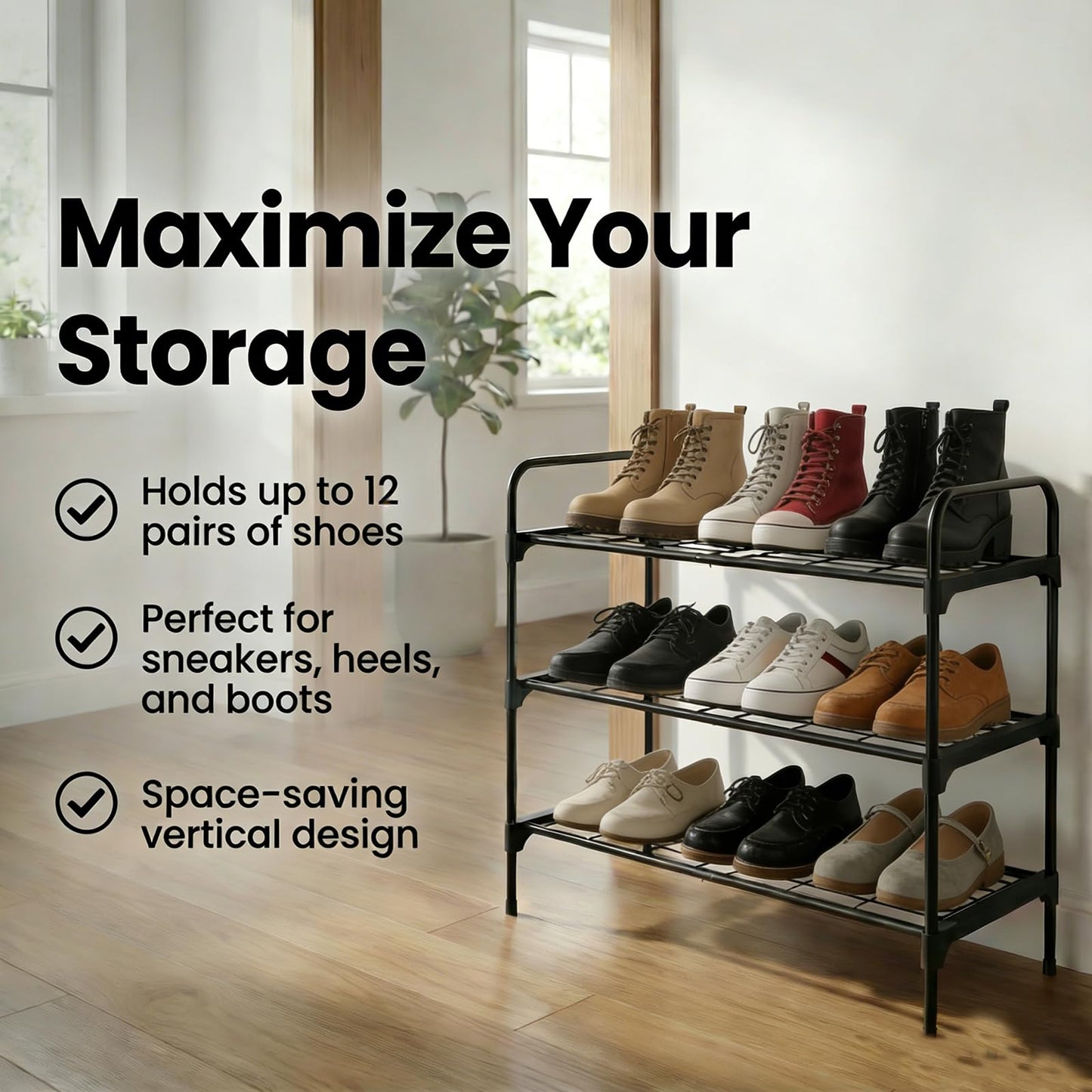 Tujurich 3-Tier Shoe Rack Organlzer, Rustproof lron, Spaclous Shoe Storage Shelf for Closet or Entryway, Fits Sneakers & Slippers, Black