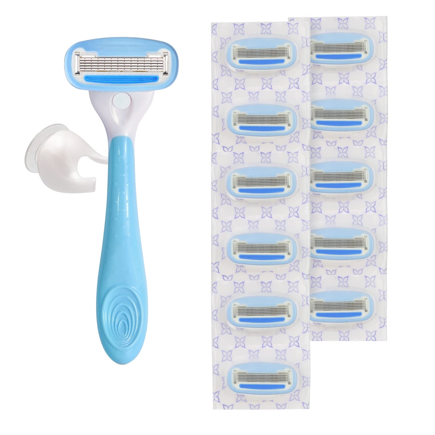Amazon Basics 5-Blade Razor Handle for Women, Includes 12 Cartridges and Shower Hanger, 14 Piece Set, Blue