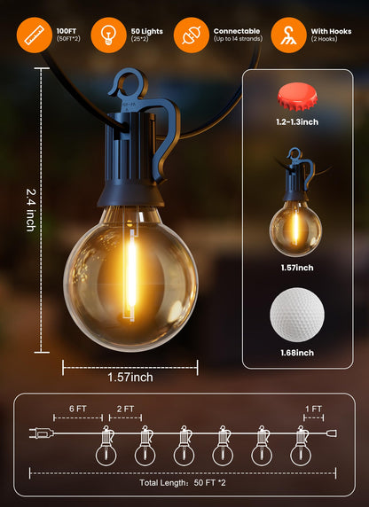 SmartDawn Outdoor String Patio Lights 100FT 50 LED String Lights Waterproof Connectable Shatterproof Hanging Outside Light Backyard Porch Deck Balcony Garden Yard Decor Lighting Edison Bulbs 2200K