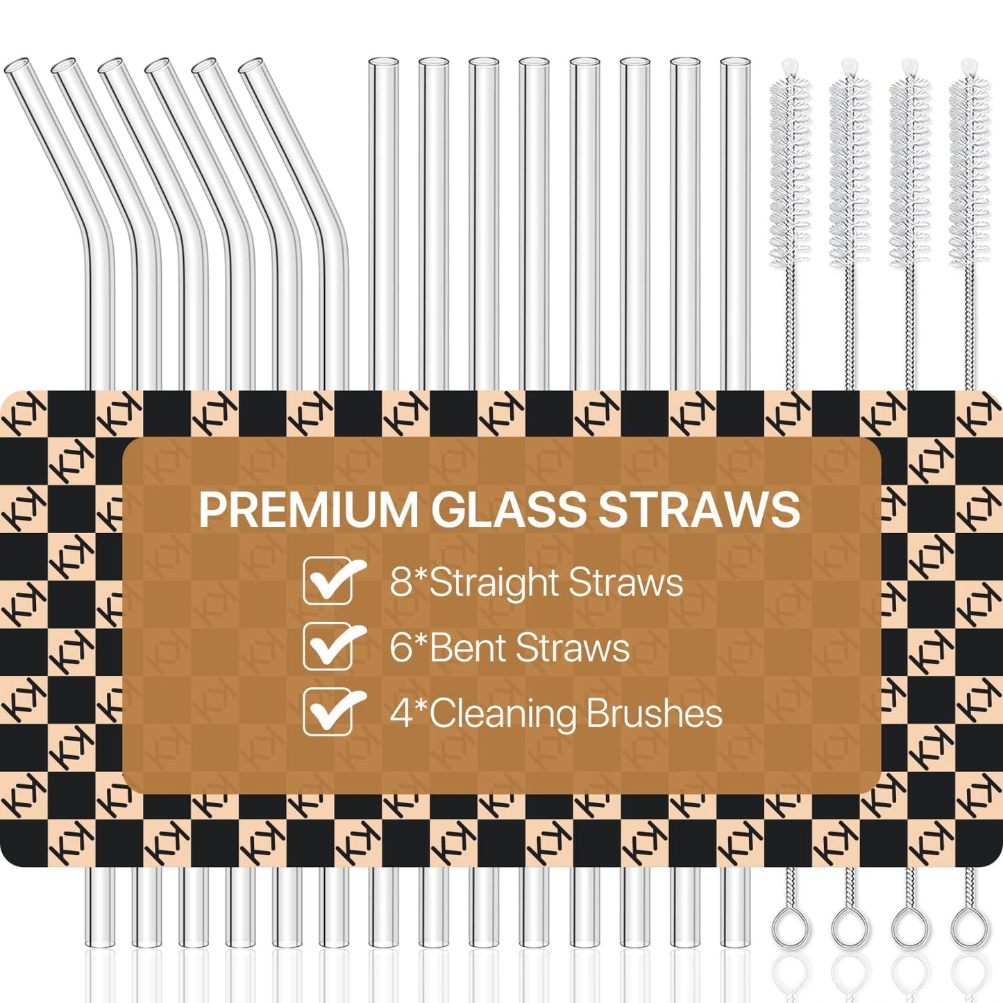 18-Pack Glass Straws, Reusable Clear Glass Drinking Straws Set, 8.5 Inch x 10mm - Includes 8 Straight and 6 Bent with 4 Straw Cleaner Brush, Perfect for Smoothies, Milkshakes, Juice, Tea