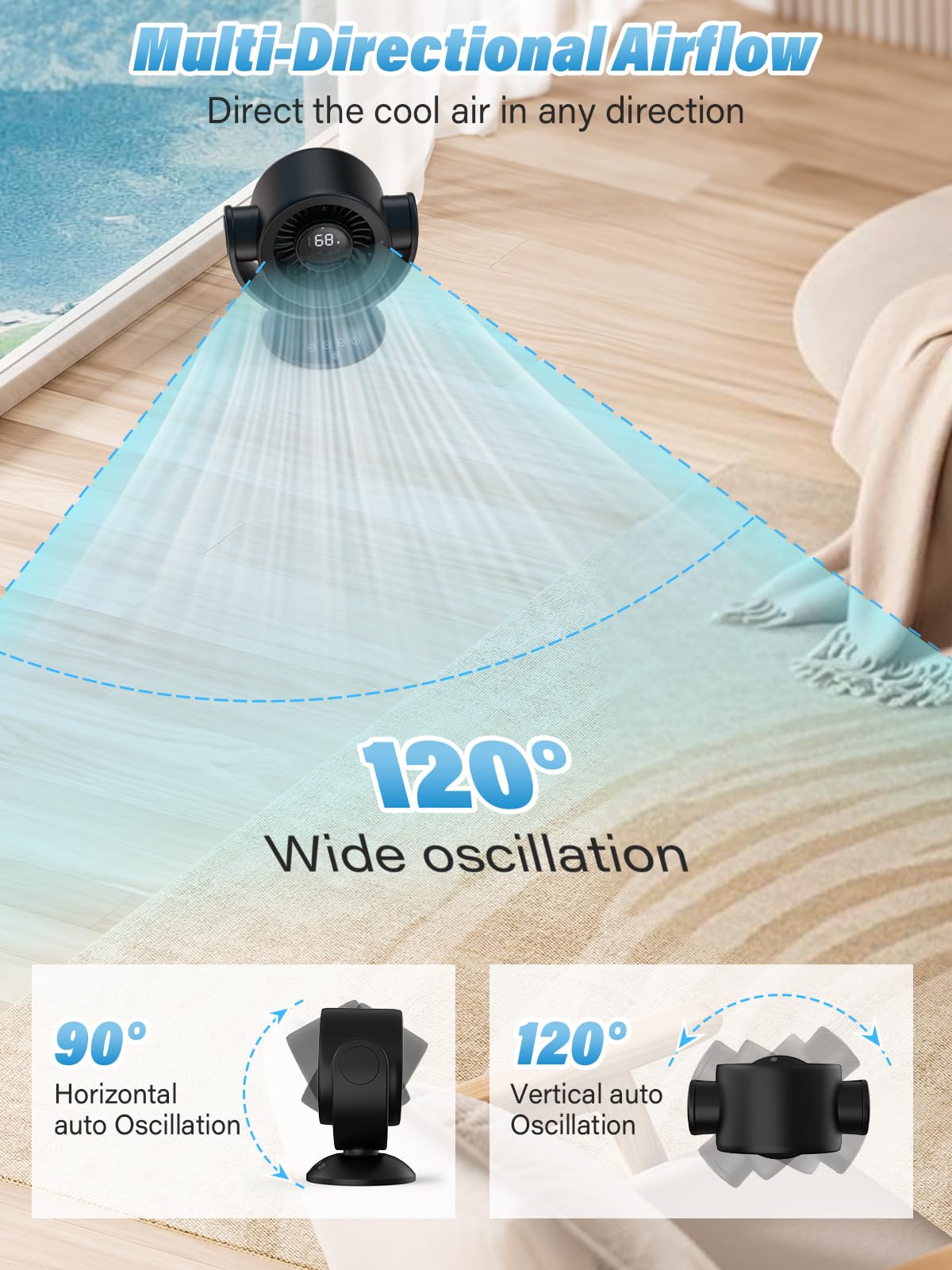 SECHKISS Desk Fans for Bedroom，9-Inch Air Circulator Fan，90°Vertical +120°Auto Oscillating,100 Speeds, 10H Timer, Quiet Fan,Digital Display Rechargeable USB, with Remote, for Home, Office（Black）