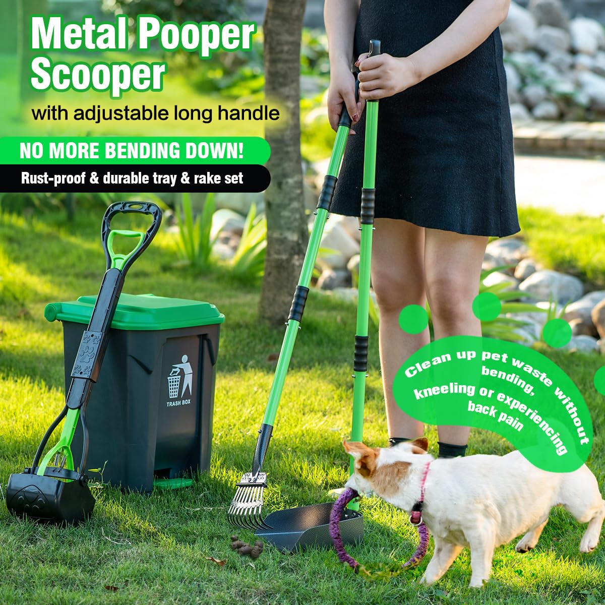 MXF Pooper Scooper Set, Dog Poop Trash Can for Outdoors with 20 Waste Bags, 15 Litre Step Dog Poop Trash Can w/Removable Inner Bucket, 28" Dog Pooper Scooper and Long Handle Stainless Metal Tray&Rake