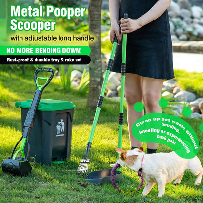 MXF Pooper Scooper Set, Dog Poop Trash Can for Outdoors with 20 Waste Bags, 15 Litre Step Dog Poop Trash Can w/Removable Inner Bucket, 28" Dog Pooper Scooper and Long Handle Stainless Metal Tray&Rake