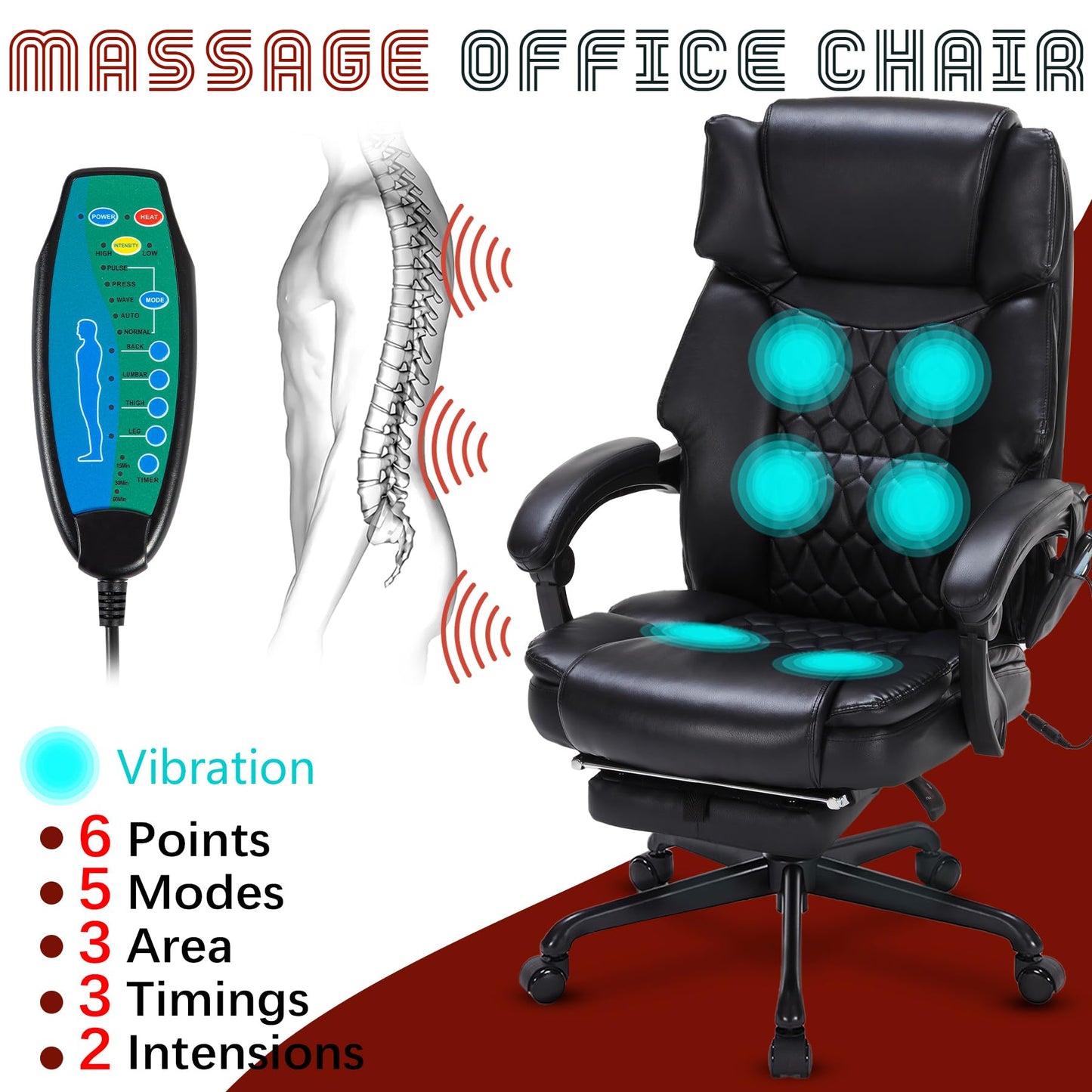 Massage Office Chair with Foot Rest 6 Points Vibration and Heat Home Office Desk Chairs for Heavy People 400lbs Reclining Managerial Chairs Ergonomic Executive Chair (Black)