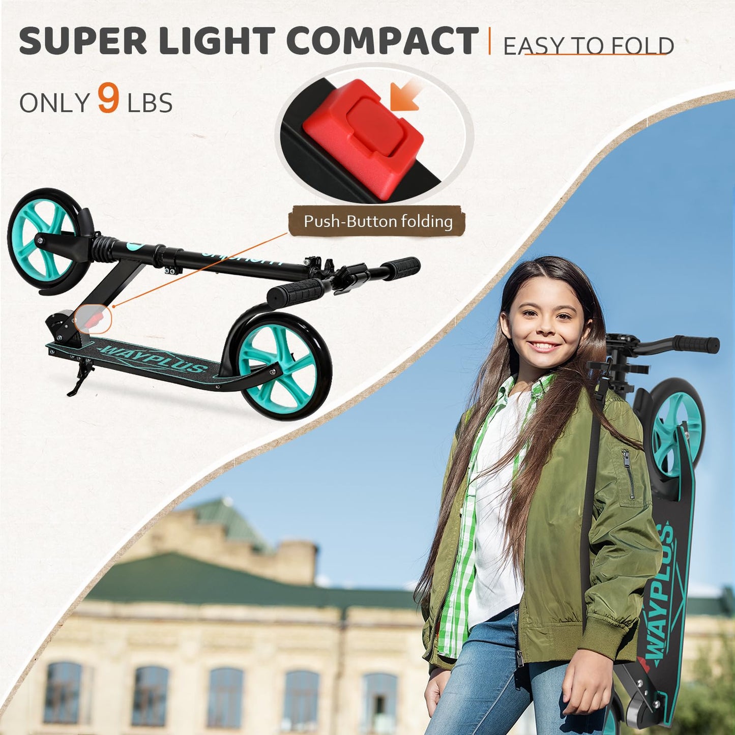 WAYPLUS Aquas Kick Scooter for Kids, Teens & Adults - Foldable, Lightweight, 8-Inch Non-Slip Deck, ABEC9 Bearings, Adjustable Height, Lifetime Service