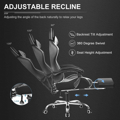 GTPLAYER Gaming Chair, Computer Chair with Footrest and Lumbar Support, Height Adjustable Game Chair with 360°-Swivel Seat and Headrest and for Office or Gaming (White)