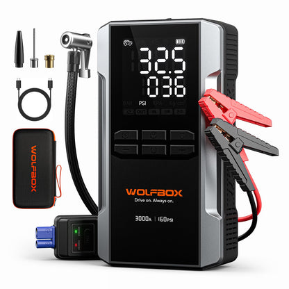 WOLFBOX 3000A Jump Starter with Air Compressor, 16000mAh&160PSI Portable Car Battery Jump Starter with 65W Fast Charge, 12V Battery Pack (8L Gas 6L Diesel Engine) with Boost, Light and Jumper Cables