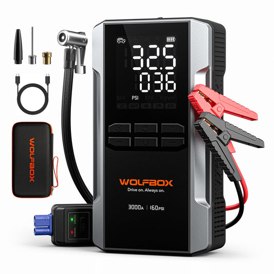 WOLFBOX 3000A Jump Starter with Air Compressor, 16000mAh&160PSI Portable Car Battery Jump Starter with 65W Fast Charge, 12V Battery Pack (8L Gas 6L Diesel Engine) with Boost, Light and Jumper Cables