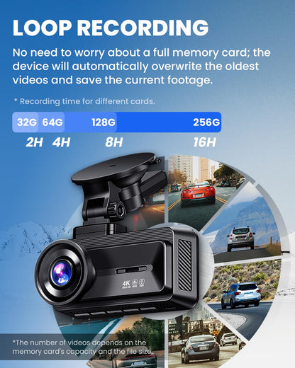 COOLCRAZY Dash Cam Front and Rear, 4K Full HD Dual Dash Camera for Cars Built-in 5G WiFi GPS, 64GB Card, Car Camera with 3" IPS Screen, UHD 2160P Night Vision, HDR, App Control, 24H Parking Monitor