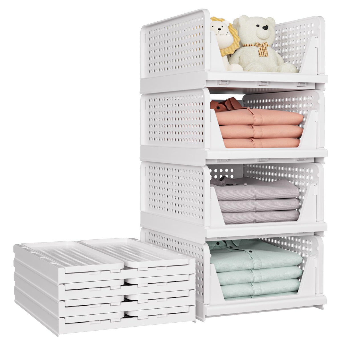 SNSLXH 5 Pack Stackable Closet Storage Basket, Multifunctional & Foldable Closet Organizer for Bathroom Kitchen Laundry Room Wardrobe Storage, Space-Saving Clothes Storage Drawer Organizer, White
