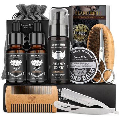 Isner Mile Beard Grooming Kit for Men: Trimming Sets with Beard Wash/Shampoo - Oil - Balm - Brush - Comb - Scissors & Storage Bag, Valentines Birthday Fathers Gifts for Dad Men Husband Boyfriend