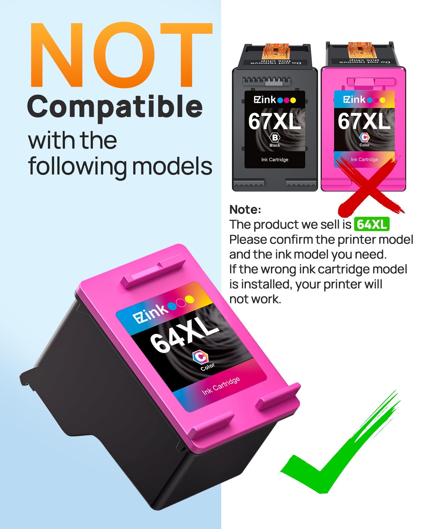 64XL Ink Cartridges Remanufactured for HP 64XL Ink Cartridge Combo Pack Replacement for HP 64 Ink to use with HP Envy Photo 7855 7858 7155 7120 7158 7164 6255 Tango X Printers (1 Black, 1 Tri-Color)