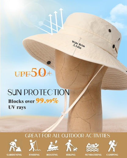 FURTALK Sun Hats for Women Men UV Protection Summer Hat Wide Brim Packable UPF50 Cowboy Hat Hiking Fishing Hats Beige