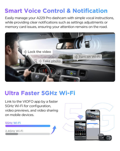 VIOFO A229 Pro 4K HDR Dash Cam, Dual STARVIS 2 IMX678 IMX675, 4K+2K Front and Rear Car Camera, 2 Channel with HDR, Voice Control, 5GHz WiFi GPS, Night Vision 2.0, 24H Parking Mode, Support 512GB Max