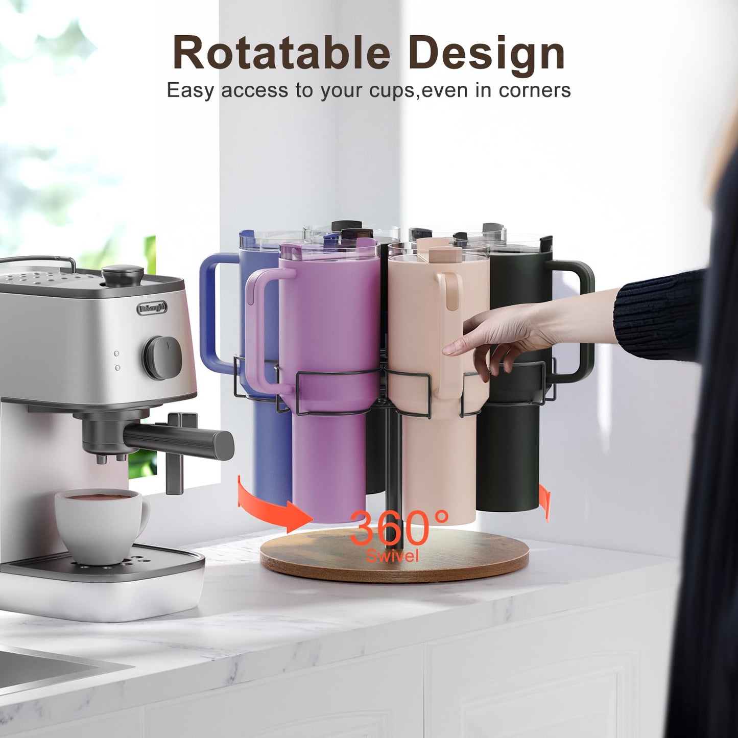 Yeuslor Water Bottle Organizer for Stanley 40 oz Tumbler with Handle, Rotatable Stanley Cup Organizer Holder, Kitchen Organizers and Storage for Stanley Cup Accessories, Wooden Base(Black)