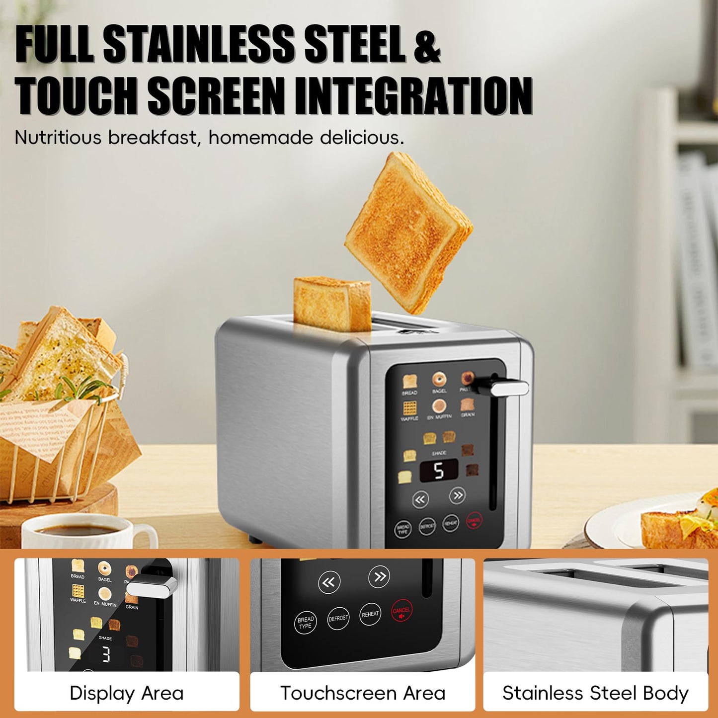 WUNLY Touch screen Toaster 2 slice,Stainless Steel Digital Timer Toasters with Sound Function,6 Bread Types & 6 Shade Settings,Smart Extra Wide Slots Toaster with Bagel,Defrost Functions