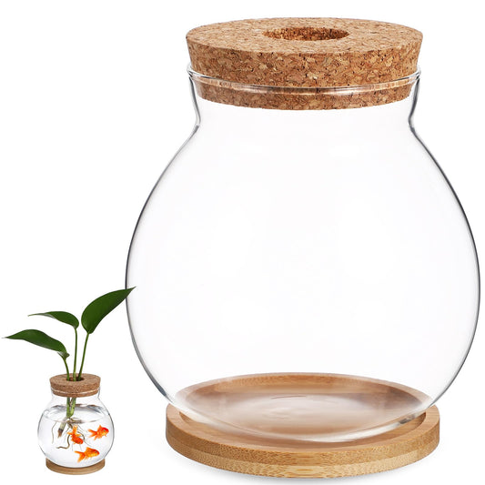 Milisten Desktop Fish Tank Small Glass Bowl with Wood Lid and Bamboo Cushion Hydroponic Plant Terrarium Betta Fish Aquarium for Home Office Decoration
