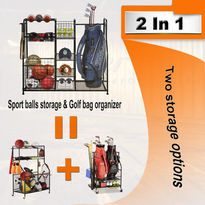 Garage Sports Equipment Organizer & Outdoor Toy Storage, Ball Storage Golf Organizer For Garage with Baskets, 5 Hooks