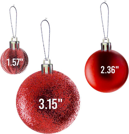 Prextex 36pc Shatterproof Christmas Ball Ornaments - Red, 6 Styles in 3 Sizes, with Hanging Loops for Tree, Wreath, Party Decor