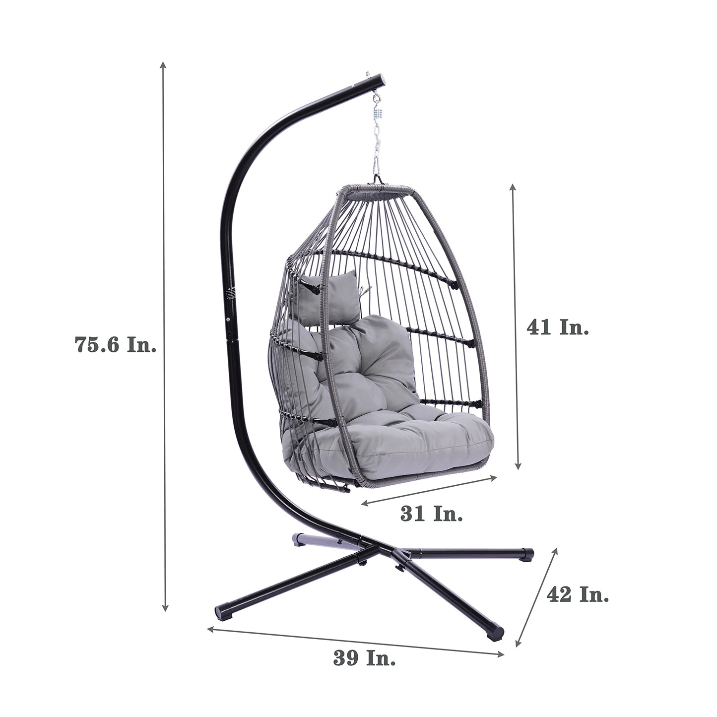 Unovivy Egg Chair with Stand, Hanging Egg Chair Indoor Outdoor with UV Resistant Cushion and Pillow, Patio Wicker Folding Hanging Chair for Bedroom, Garden, Backyard, Balcony, Gray