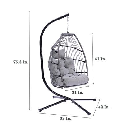 Unovivy Egg Chair with Stand, Hanging Egg Chair Indoor Outdoor with UV Resistant Cushion and Pillow, Patio Wicker Folding Hanging Chair for Bedroom, Garden, Backyard, Balcony, Gray