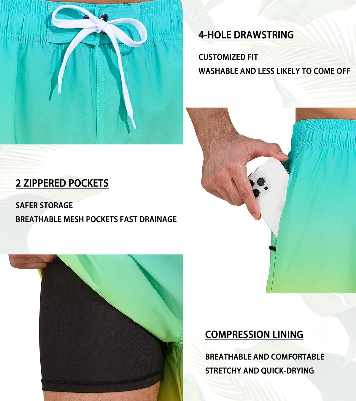 SILKWORLD Men Swimming Trunks 2 in 1 Swim Shorts Breathable Elastic Waist Bathing Suit, Yellow Green Gradient, XX-Large