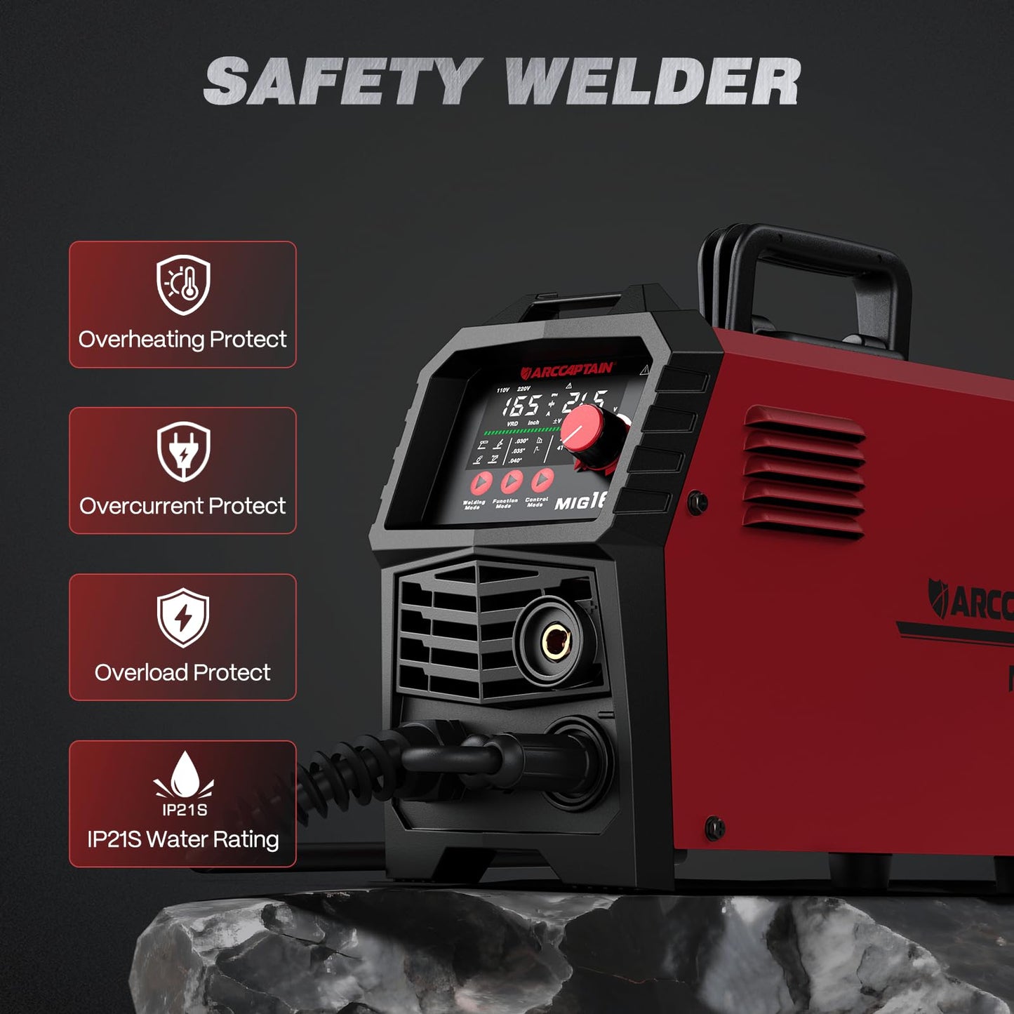 ARCCAPTAIN 165A MIG Welder 110V/220V, 2025 Newest [Large LED Display] 4 in 1 Gasless/Gas MIG/Lift TIG/Stick Welding Machine Multiprocess Welder Machine, IGBT Inverter Welder with Synergy, 2T/4T