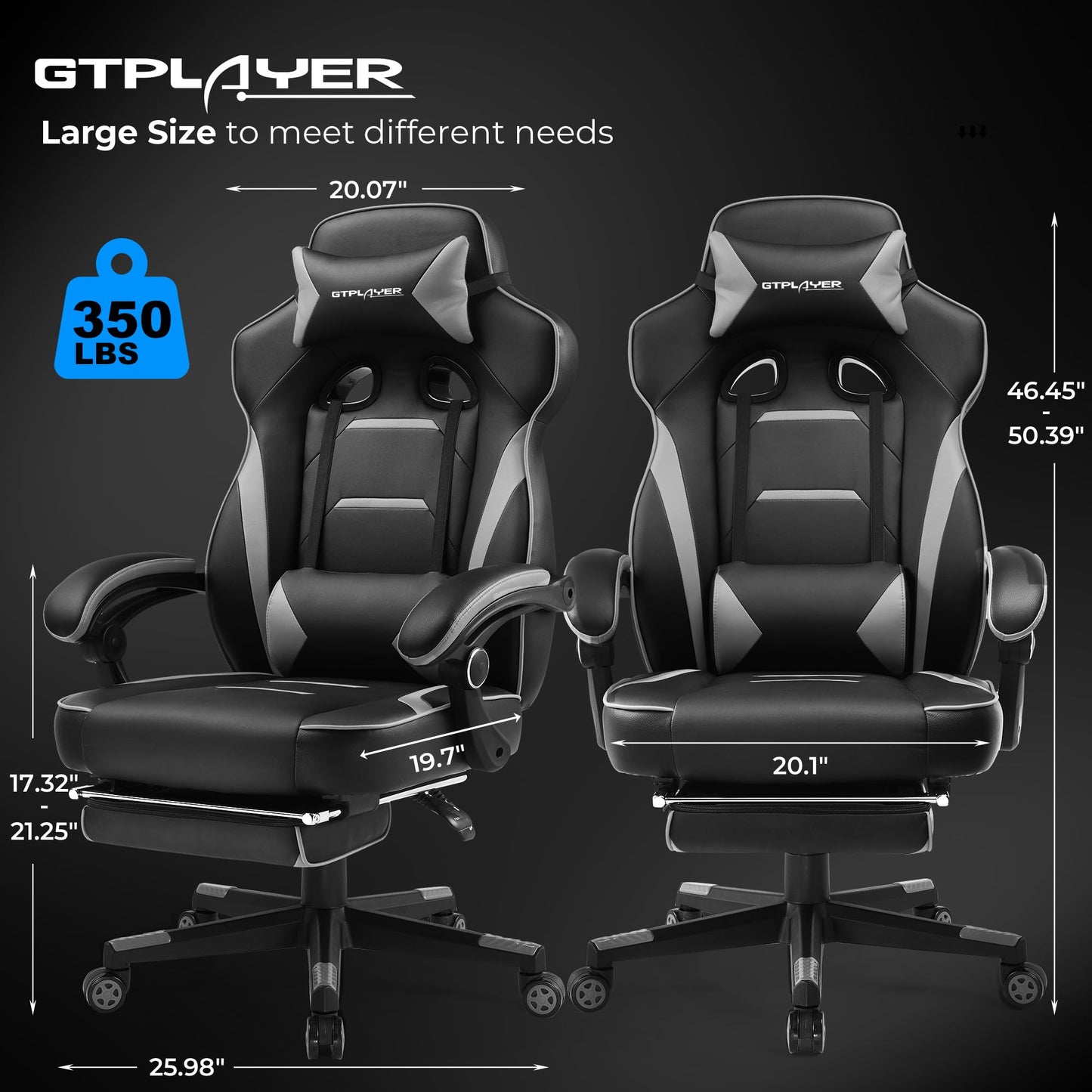 GTPLAYER Gaming Chair with Footrest, Big and Tall Computer Game Chair 350lb Racing Style, Ergonomic High Back Lumbar Support and Recliner, Moon Gray