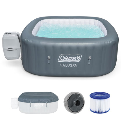 Coleman SaluSpa AirJet 4 to 6 Person Inflatable Hot Tub Square Portable Outdoor Spa with 114 Soothing AirJets and Insulated Cover, Gray