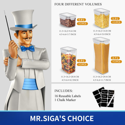 MR.SIGA 12 Pack Airtight Food Storage Container Set, BPA Free Kitchen Pantry Organization, Kitchen Canisters for Cereal, Spaghetti, includes 16 Reusable Sticker Labels