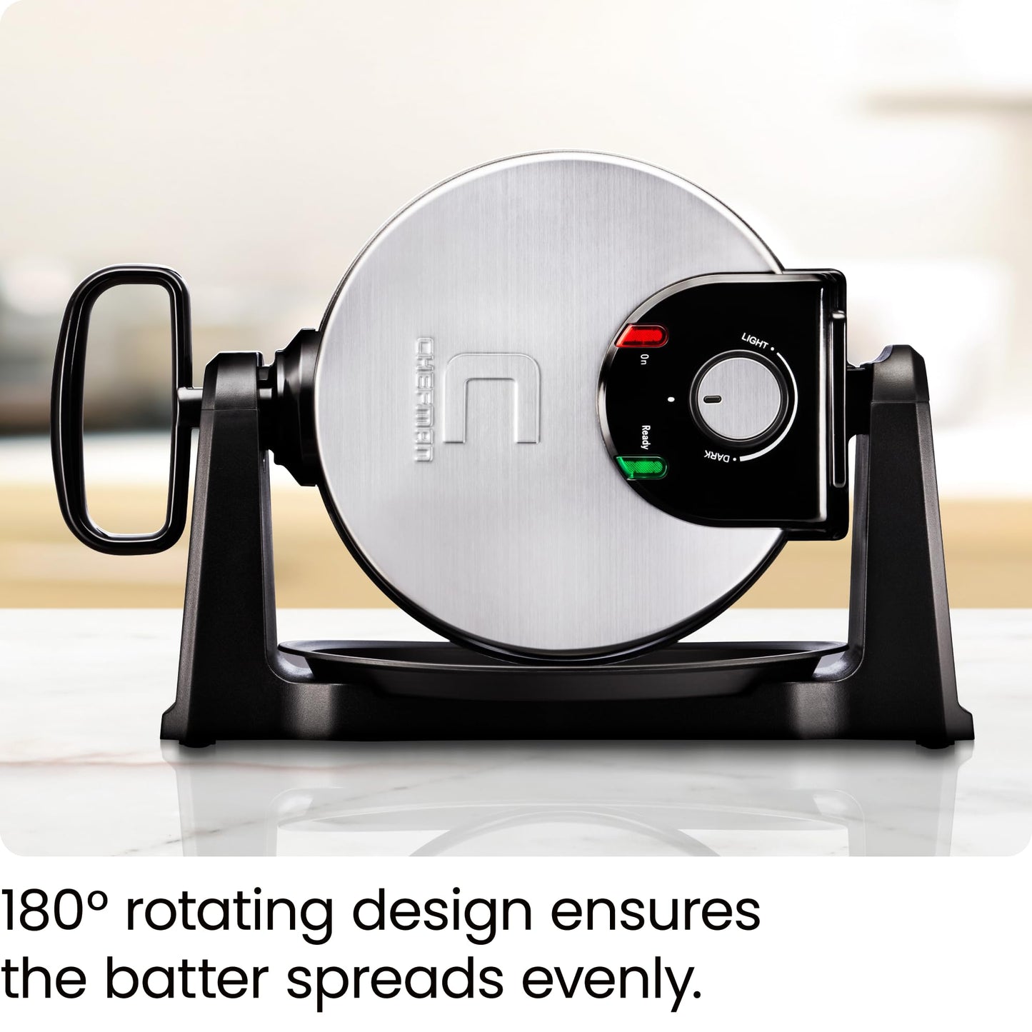 Chefman Rotating Belgian Waffle Maker, 180° Flip Iron w/ Non-Stick Plates, Adjustable Timer, Locking Lid, & Drip Plate, Space Saving Storage, Mess-Free Breakfast, Stainless Steel/Black