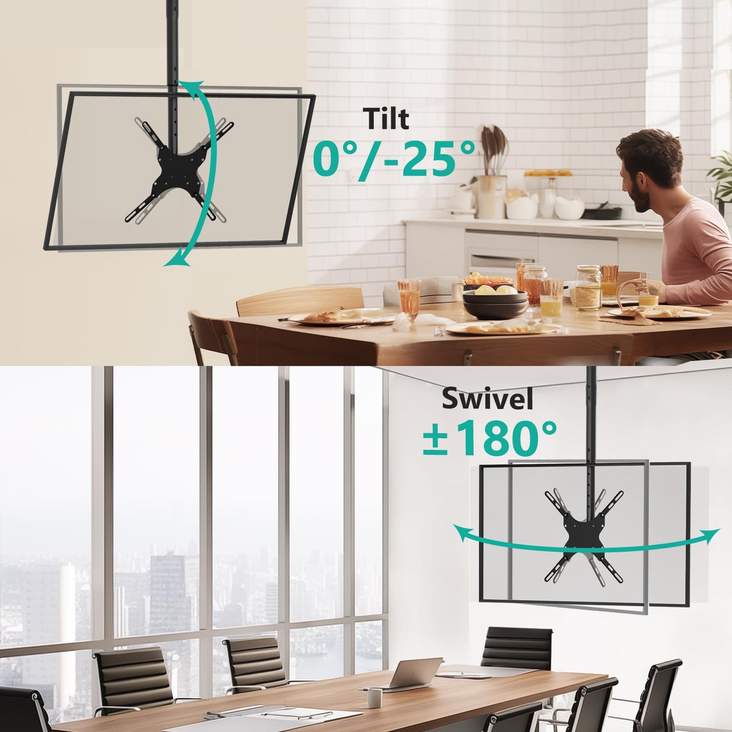 WALI TV Ceiling Mount Adjustable Bracket Fits Most LED, LCD, OLED and Plasma Flat Screen Display 26 to 65 Inch, up to 110 Lbs, Mounting Holes 400x400mm (CM2665), Black