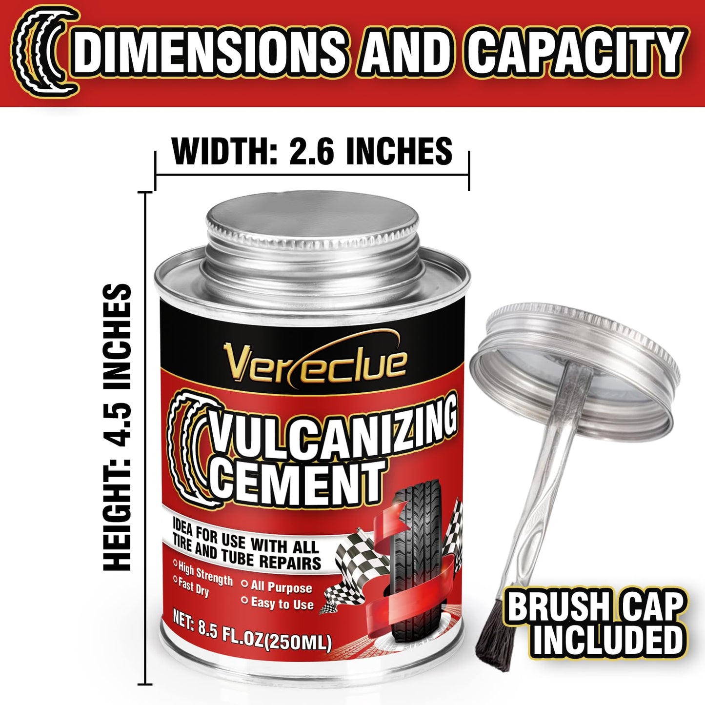 Chemical Vulcanizing Cement, All Purpose Tire Repair Vulcanizing Cement, Clear Rubber Cement Tire Repair Glue, Tire Patch Glue with Brush Top Can for Car, Motorcycle, Bike Tires (8.5FL.Oz)