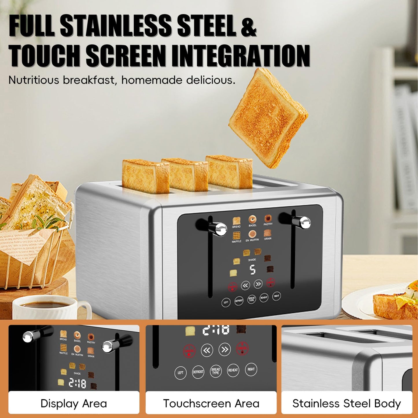 WUNLY 4 Slice Toaster, Touchscreen & Dual Independent Control Panel，5 Basic Functions & Digital Countdown Toasters, 6 Shade Settings＆6 Bread Types, Smart Bread Toaster Mute/Screen-Off,Silver