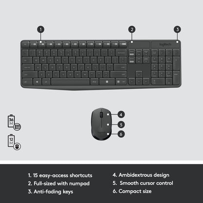 Logitech MK235 Wireless Keyboard and Mouse Combo for Windows, USB Receiver, 15 FN Keys, Long Battery Life, Compatible with PC, Laptop