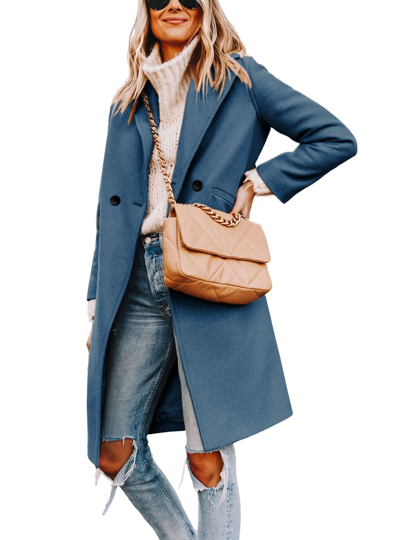 Tanming Women's Notch Lapel Double Breasted Wool Blend Mid Long Pea Trench Coat (Blue-L)