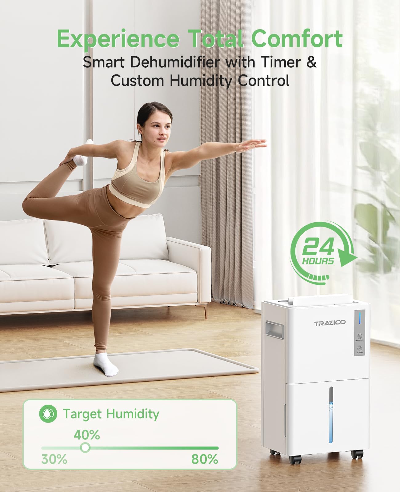 1500 Sq.ft Dehumidifier for Basement, Trazico 21 Pint Dehumidifiers for Home Large Room with Drain Hose, Smart Humidity Control, 3 Modes, 24H Timer, Auto Defrost, Ideal for Bedrooms, Bathroom, White