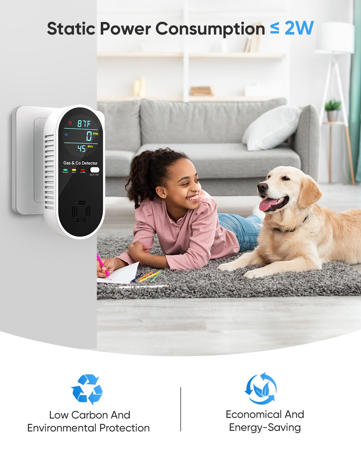 Carbon Monoxide Detectors & Natural Gas Detector, 4-in-1 Carbon Monoxide Detectors Plug in, Gas Leak Detector with Dual Alarms, Temperature & Humidity Sensor for Home, RV Essentials, Black, 2 Packs
