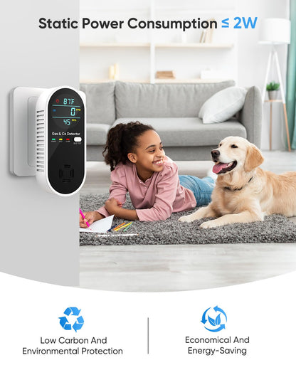 Carbon Monoxide Detectors & Natural Gas Detector, 4-in-1 Carbon Monoxide Detectors Plug in, Gas Leak Detector with Dual Alarms, Temperature & Humidity Sensor for Home, RV Essentials, Black, 2 Packs