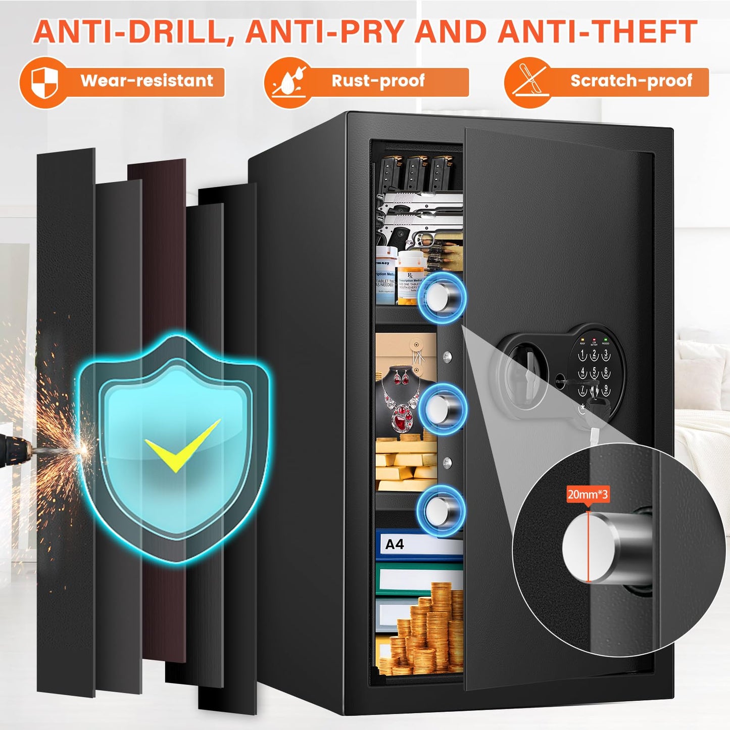 Mitlvge 23.62'' Tall Extra Large Home Safe Box, Safe with Fireproof Waterproof Document Bag, Digital Keypad and 3 Removable Steel Shelves, Security Box for Money Medicines Jewelry Valuables