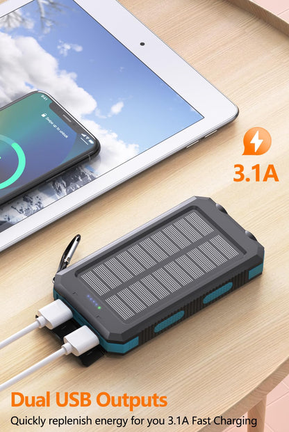 Power Bank 36800mAh Solar Portable Charger with USB-C 5V/2.4A Fast Charging Compatible with iPhone, with 2 LED Flashlights and IPX5 Waterproof External Backup Battery Pack Perfect for Camping, Hiking