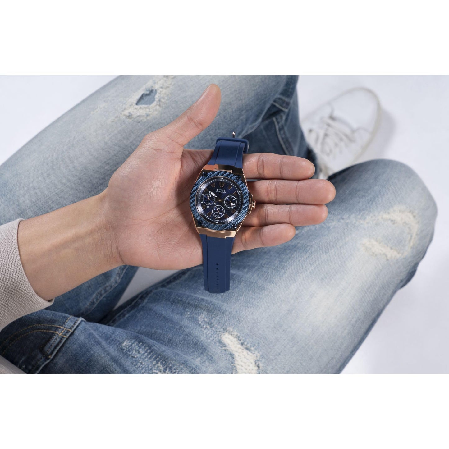 GUESS Comfortable Iconic Blue Stain Resistant Watch with Rose Gold-Tone Day, Date + 24 Hour Military/Int'l Time. Color: Blue (Model: U1049G2)