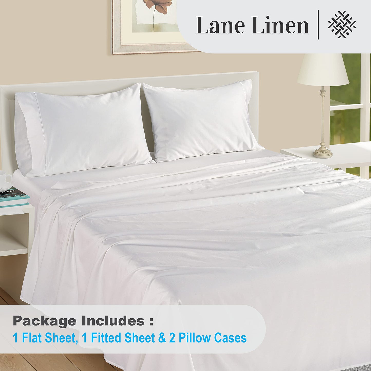 LANE LINEN 100% Egyptian Cotton Sheets Queen Size - 1000 Thread Count White Bed Sheets for Queen Size Bed, Long Staple Cotton Bedding Sheets, Sateen Weave, Luxury Hotel Sheets, Fits upto 17" Mattress