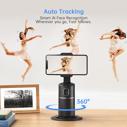 Auto Face Tracking Phone Holder, No App Required, 360° Rotation Face Body Phone Tracking Tripod Smart Shooting Camera Mount for Live Vlog Streaming Video, Rechargeable Battery-Black