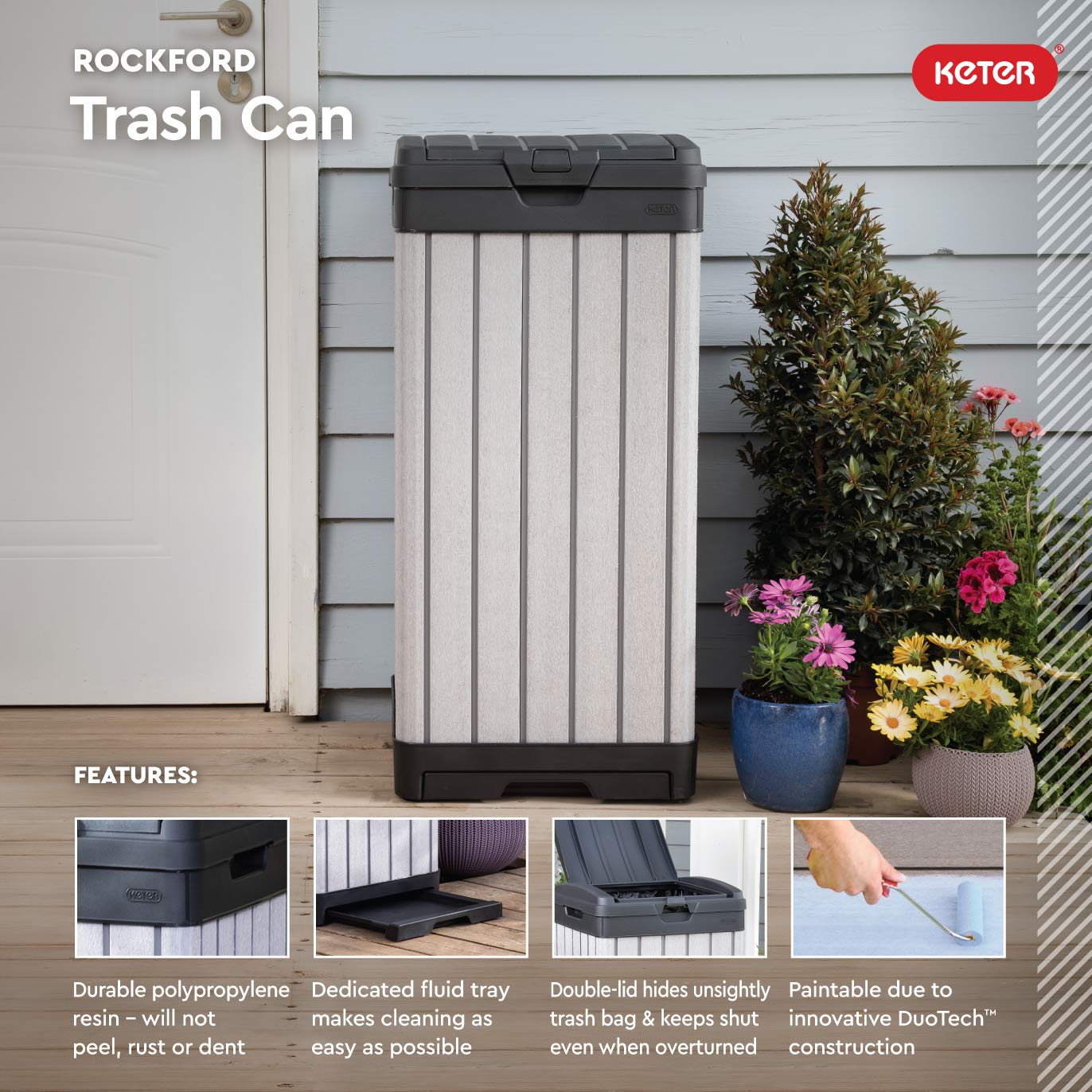 Keter Rockford Resin 38 Gallon Outdoor Kitchen Trash Can with Lid and Drip Tray for Easy Cleaning-Perfect for Patio Dining, Grey