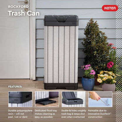 Keter Rockford Resin 38 Gallon Outdoor Kitchen Trash Can with Lid and Drip Tray for Easy Cleaning-Perfect for Patio Dining, Grey