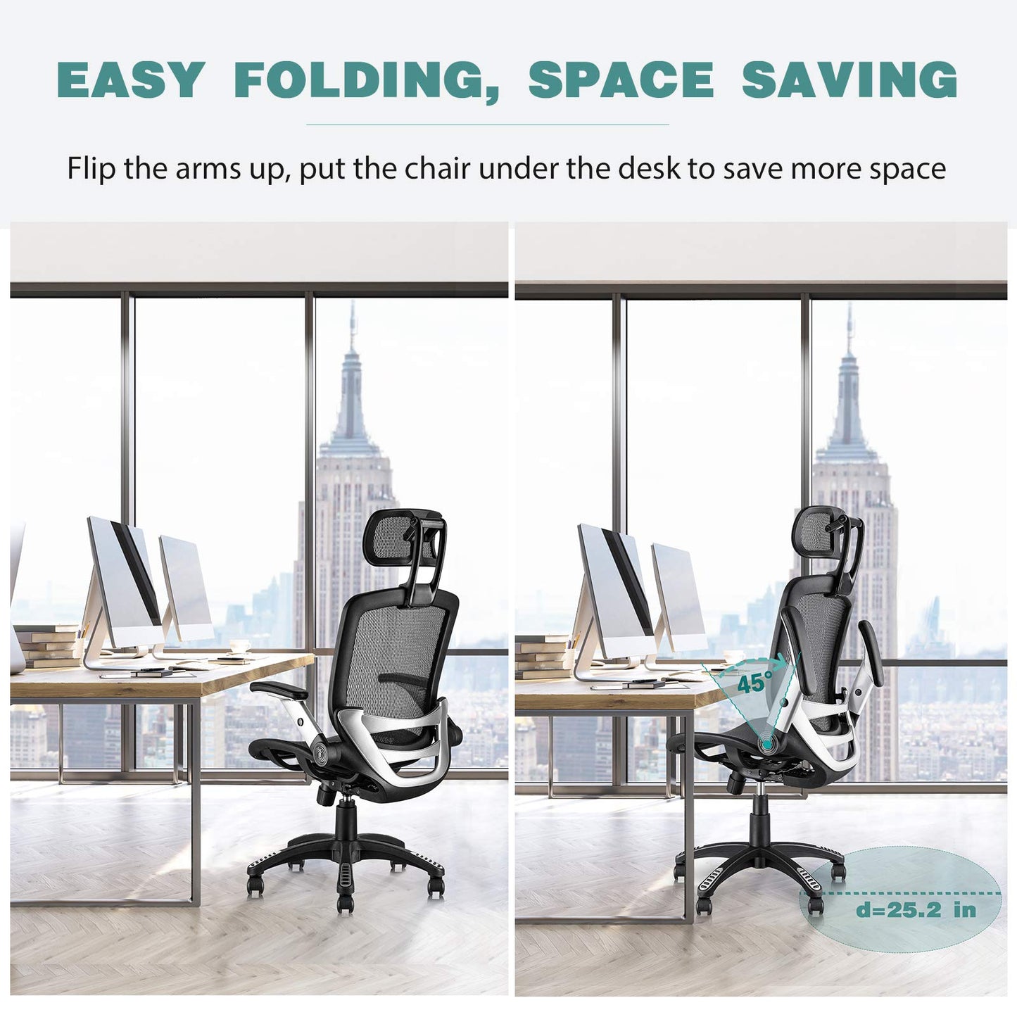 GABRYLLY Ergonomic Mesh Office Chair, High Back Desk Chair - Adjustable Headrest with Flip-Up Arms, Tilt Function, Lumbar Support and PU Wheels, Swivel Computer Task Chair